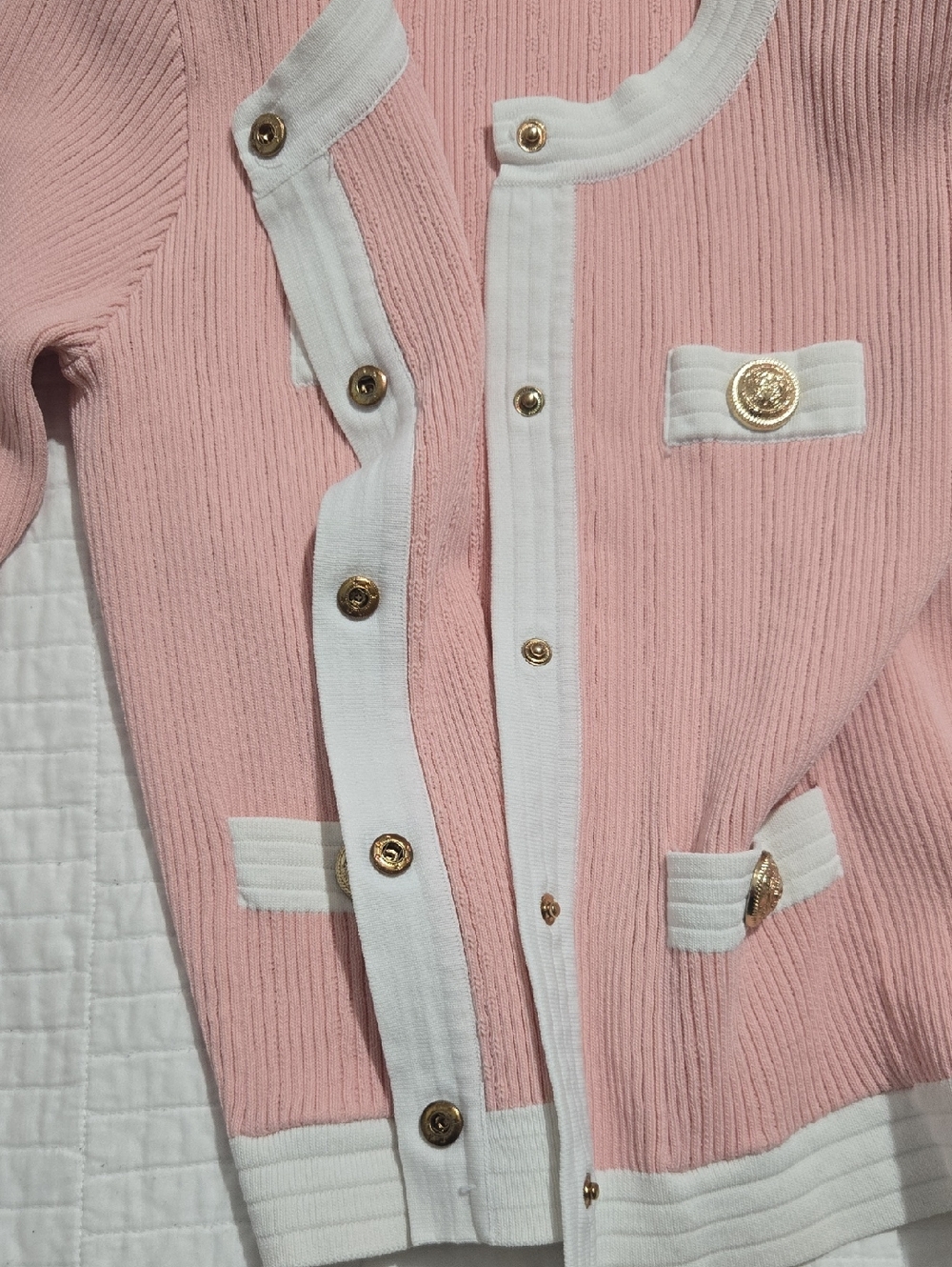 Balmain Pink Knit Cardigan with White Trim and Gold Buttons - Picture 11 of 11